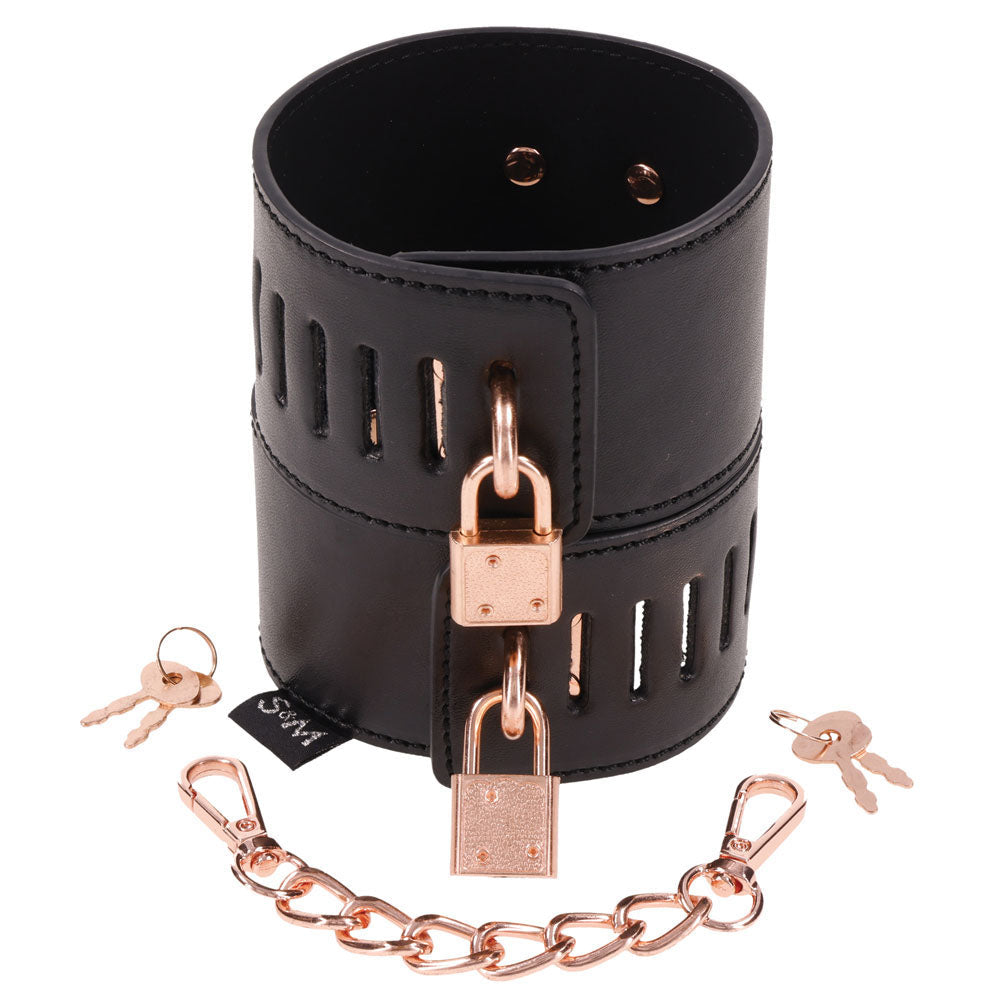 Sex & Mischief Brat Locking Cuffs - Black/Rose Gold Hand Cuffs Sportsheets