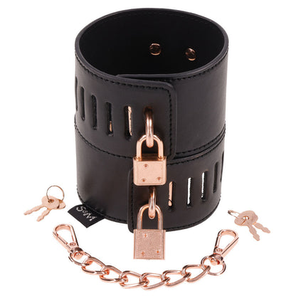 Sex & Mischief Brat Locking Cuffs - Black/Rose Gold Hand Cuffs Sportsheets