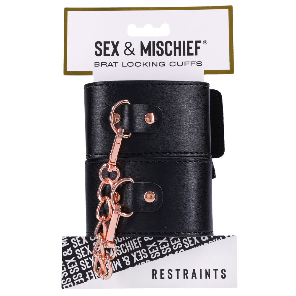 Sex & Mischief Brat Locking Cuffs - Black/Rose Gold Hand Cuffs Sportsheets