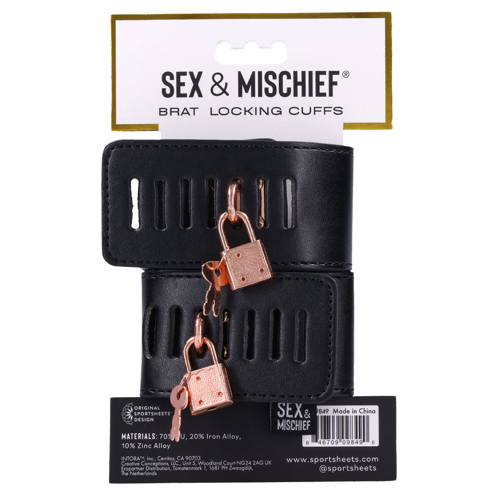 Sex & Mischief Brat Locking Cuffs - Black/Rose Gold Hand Cuffs Sportsheets