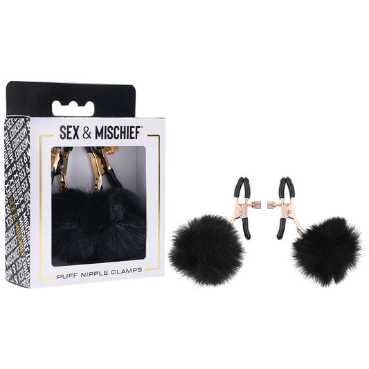 Sex & Mischief Puff Nipple Clamps - Black/Gold Nipple Clamps - Set of 2 Black - Club X