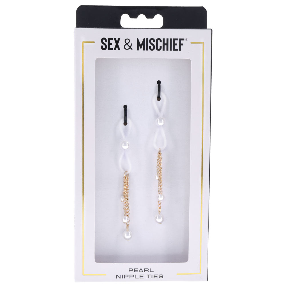 Sex & Mischief Pearl Nipple Ties - Gold/Pearl Nipple Restraints - Set of 2 Sportsheets