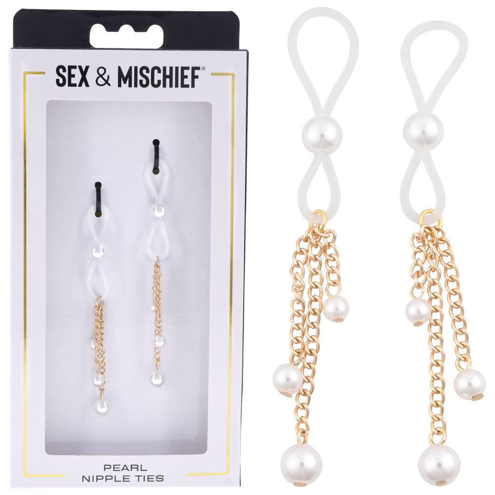 Sex & Mischief Pearl Nipple Ties - Gold/Pearl Nipple Restraints - Set of 2 Sportsheets