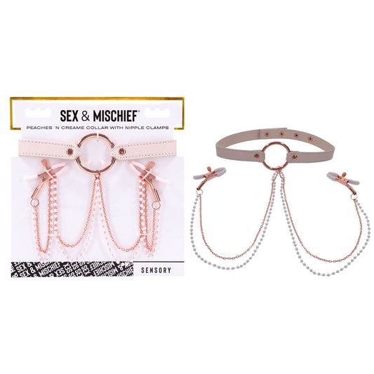 Sex & Mischief Peaches n CreaMe Collar with Nipple Clamps - Peach Nipple Restraints PeachPuff - Club X