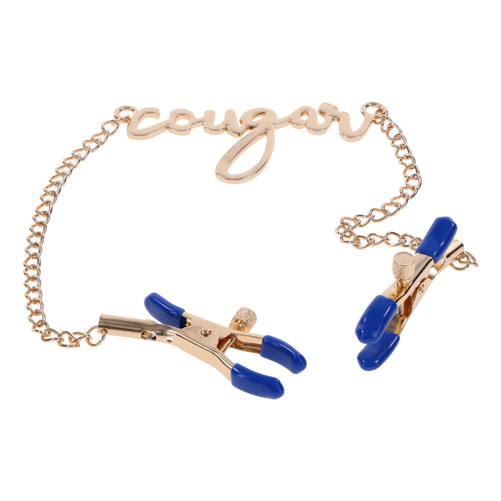 Sex & Mischief Cougar Nipple Clamps - Gold Nipple Clamps with 33 cm Chain Sportsheets