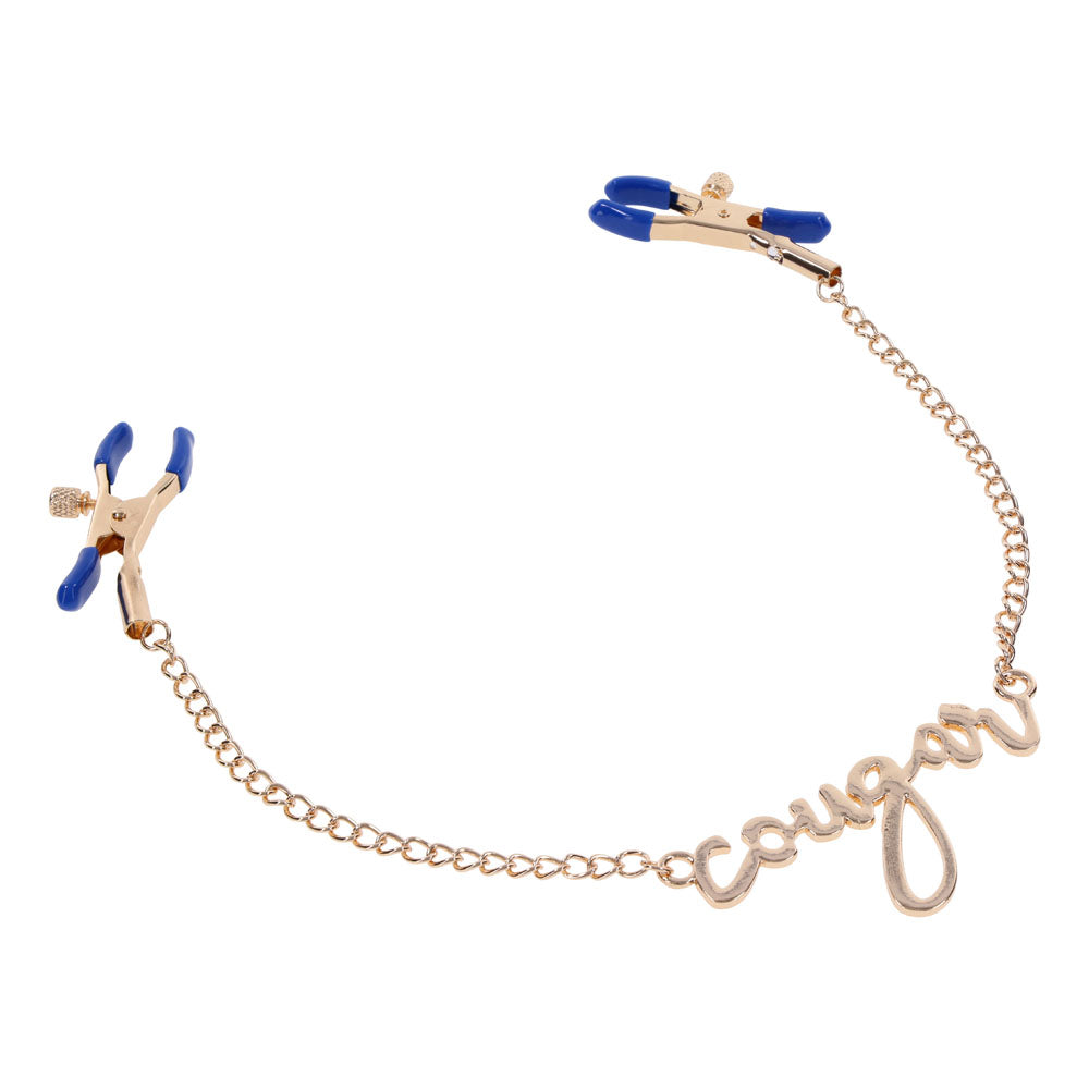 Sex & Mischief Cougar Nipple Clamps - Gold Nipple Clamps with 33 cm Chain Sportsheets