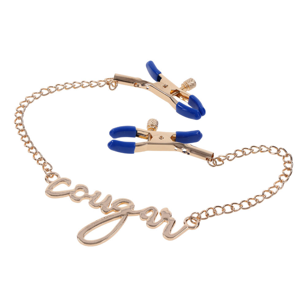 Sex & Mischief Cougar Nipple Clamps - Gold Nipple Clamps with 33 cm Chain Sportsheets