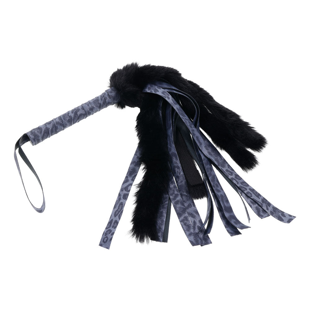 Sex & Mischief Cougar Faux Fur Flogger - Navy Blue/Black Furry Flogger Whip Sportsheets
