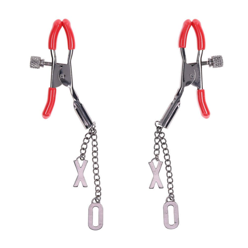 S&M Exs & Ohs Nipple Clamps - Red Tipped Metal Nipple Clamps - Set of 2 Sportsheets