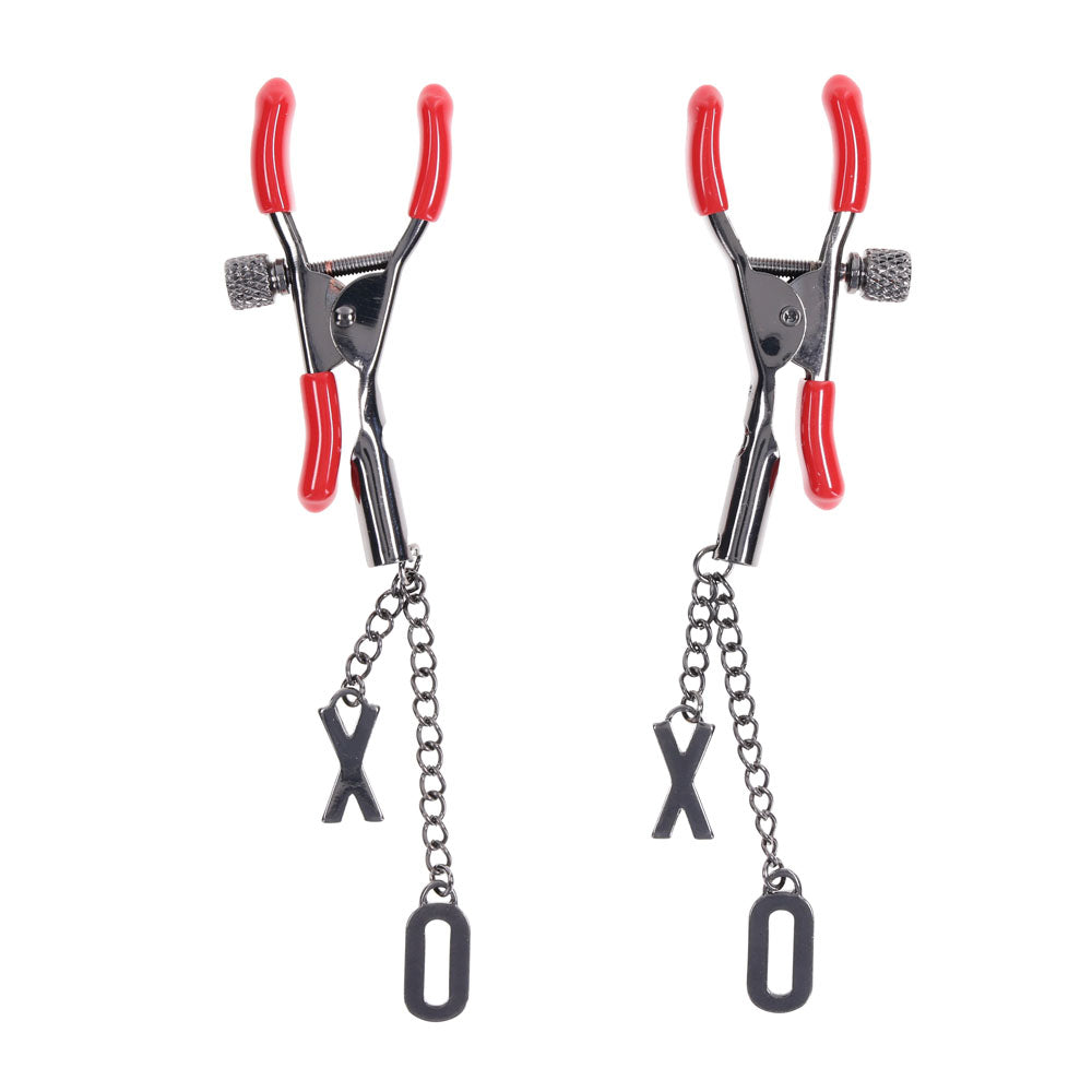 S&M Exs & Ohs Nipple Clamps - Red Tipped Metal Nipple Clamps - Set of 2 Sportsheets