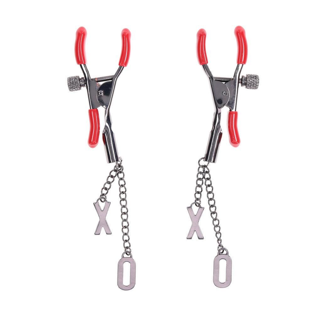 S&M Exs & Ohs Nipple Clamps - Red Tipped Metal Nipple Clamps - Set of 2 Sportsheets