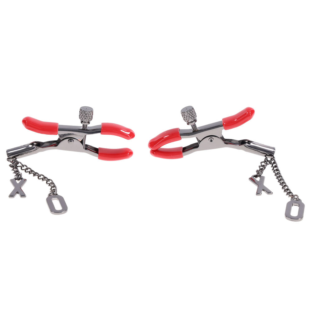 S&M Exs & Ohs Nipple Clamps - Red Tipped Metal Nipple Clamps - Set of 2 Sportsheets