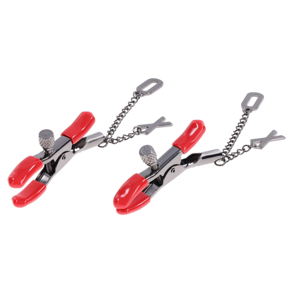 S&M Exs & Ohs Nipple Clamps - Red Tipped Metal Nipple Clamps - Set of 2 Sportsheets