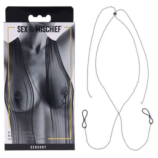 S&M Exs & Ohs Body Jewelry with Nipple Ties - Metal Chain with Nipple Ties Black - Club X
