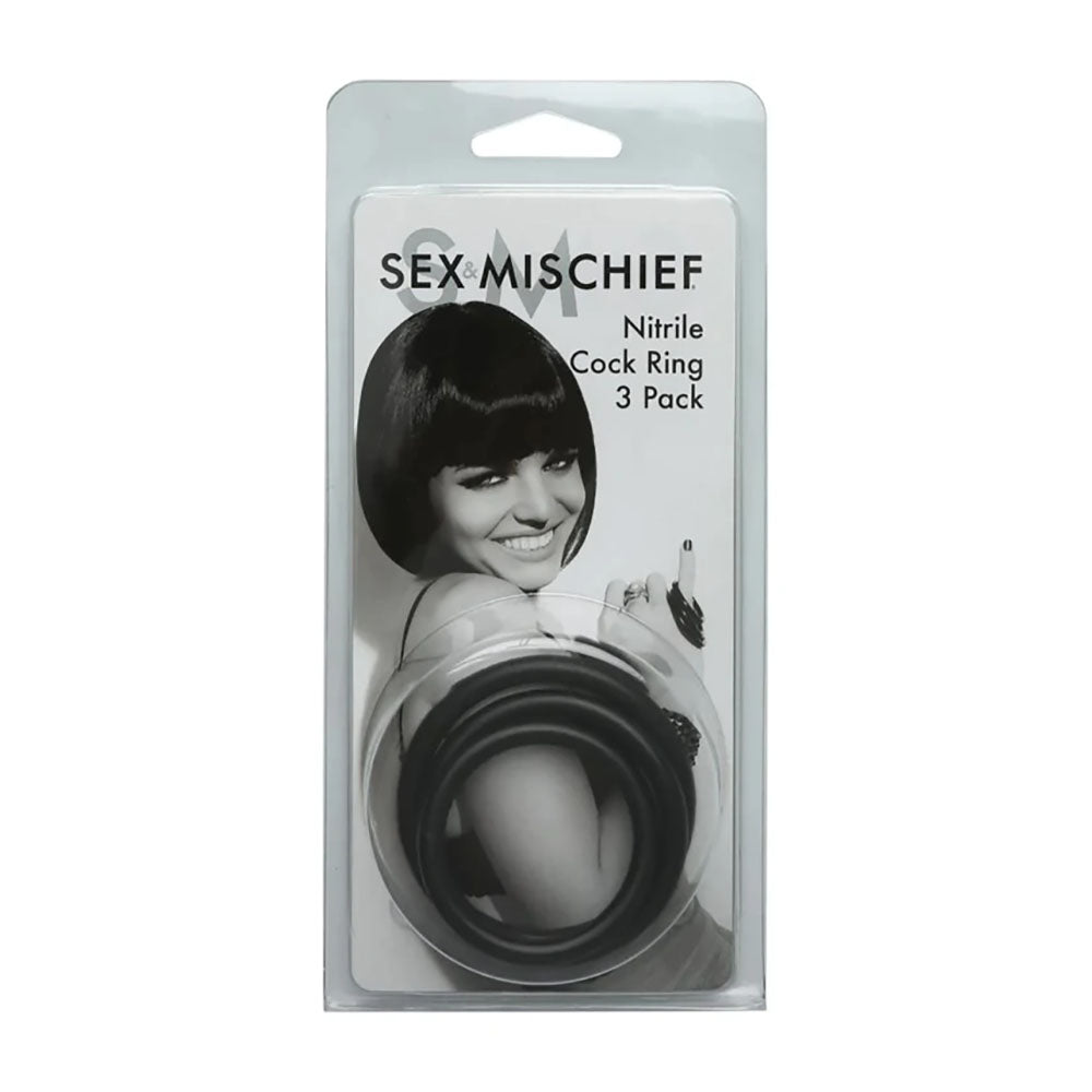 Sex & Mischief Nitrile Cock Ring 3 Pack - Black Cock Rings - Set of 3 Sizes Sportsheets