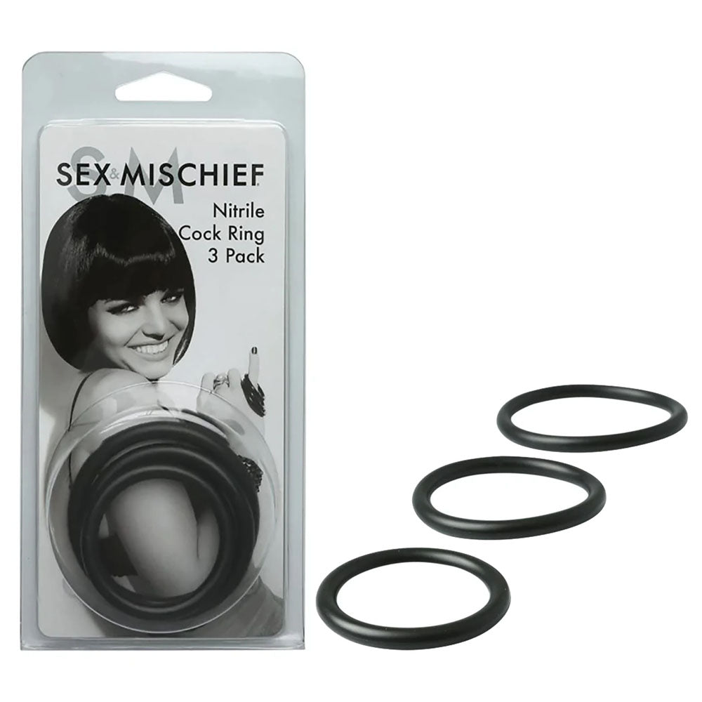 Sex & Mischief Nitrile Cock Ring 3 Pack - Black Cock Rings - Set of 3 Sizes Sportsheets