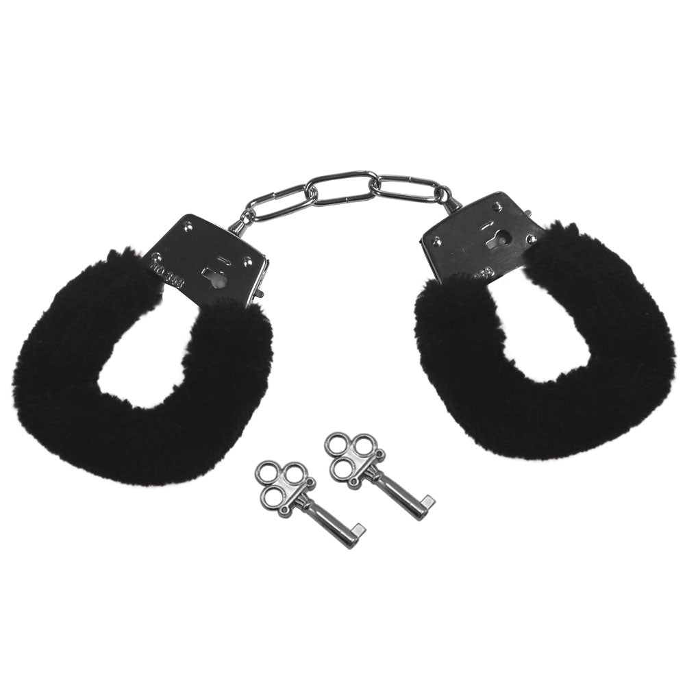 Sex & Mischief Furry Handcuffs - Black - Black Restraints Sportsheets