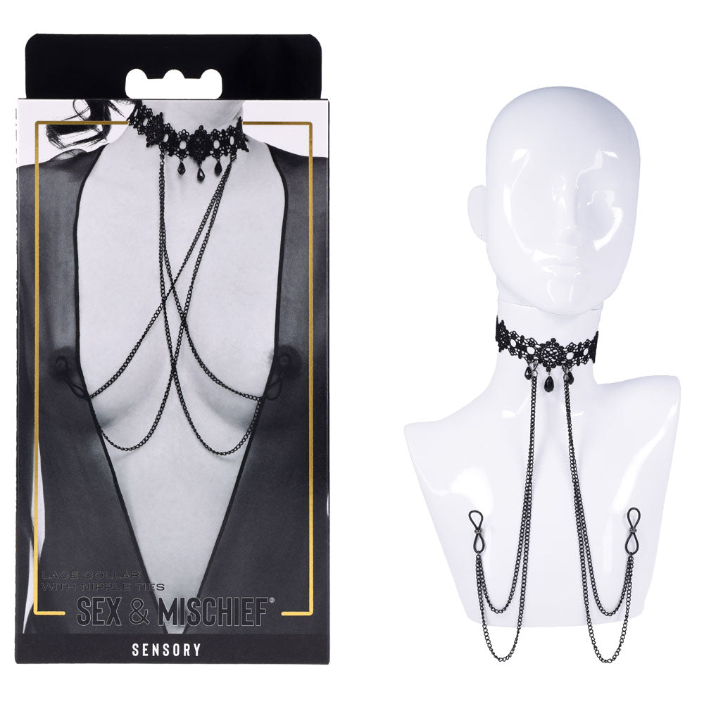 Sex & Mischief Lace Collar with Nipple Ties - Black Neck and Nipple Restraints Sportsheets