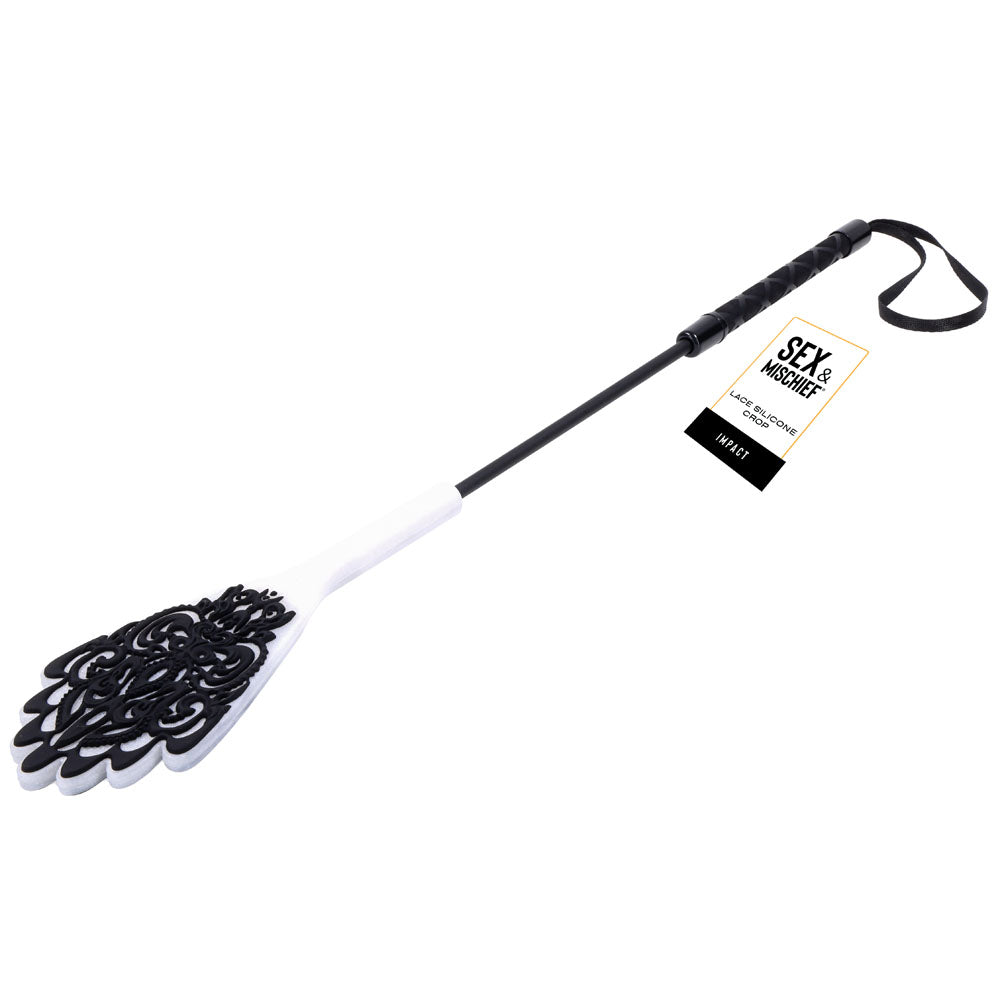 Sex & Mischief Lace Silicone Crop - Black/White 50 cm Crop Whip Sportsheets