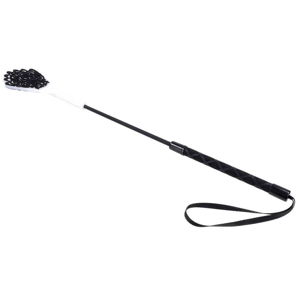 Sex & Mischief Lace Silicone Crop - Black/White 50 cm Crop Whip Sportsheets