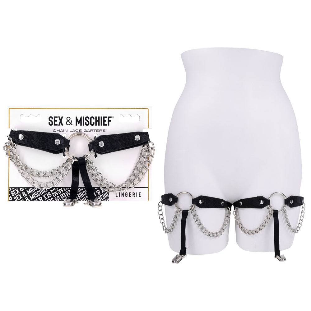 Sex & Mischief Chain Lace Garters - Black/Metal Garters Sportsheets