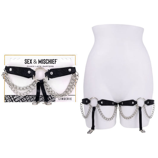 Sex & Mischief Chain Lace Garters - Black/Metal Garters Sportsheets