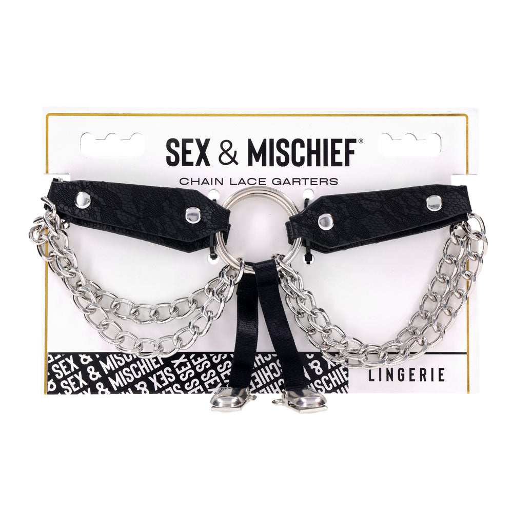 Sex & Mischief Chain Lace Garters - Black/Metal Garters Sportsheets
