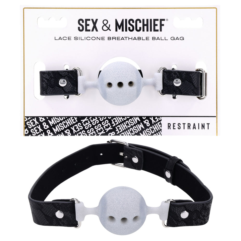 Sex & Mischief Lace Silicone Breathable Ball Gag - Black/Grey Mouth Restraint Sportsheets