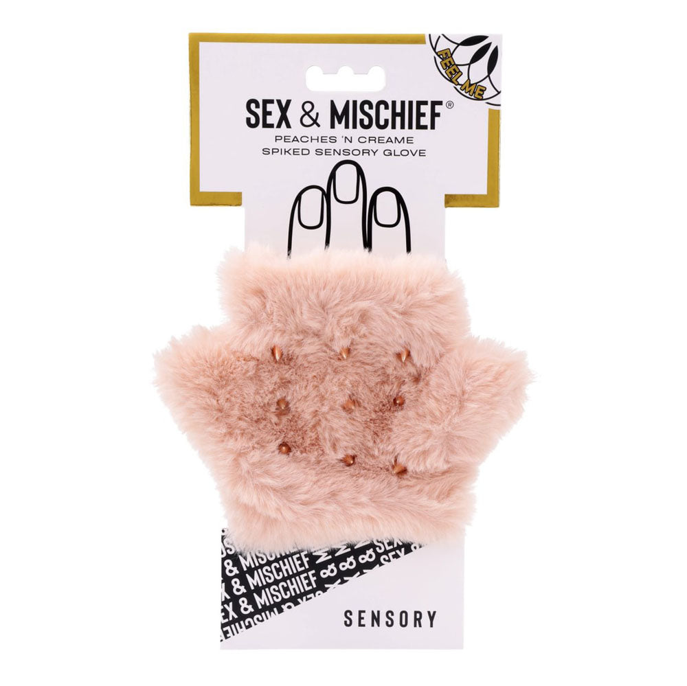Sex & Mischief Peaches n CreaMe Spiked Sensory Glove - Peach Furry Glove with Metal Spikes Sportsheets