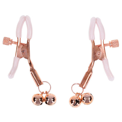 Sex & Mischief Peaches n CreaMe Bell Nipple Clamps - Peach/Rose Gold Nipple Clamps with Bells - Set of 2 Sportsheets