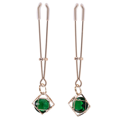 Sex & Mischief Indica Crystal Nipple Clips - Gold Nipple Clips with Emerald Gems