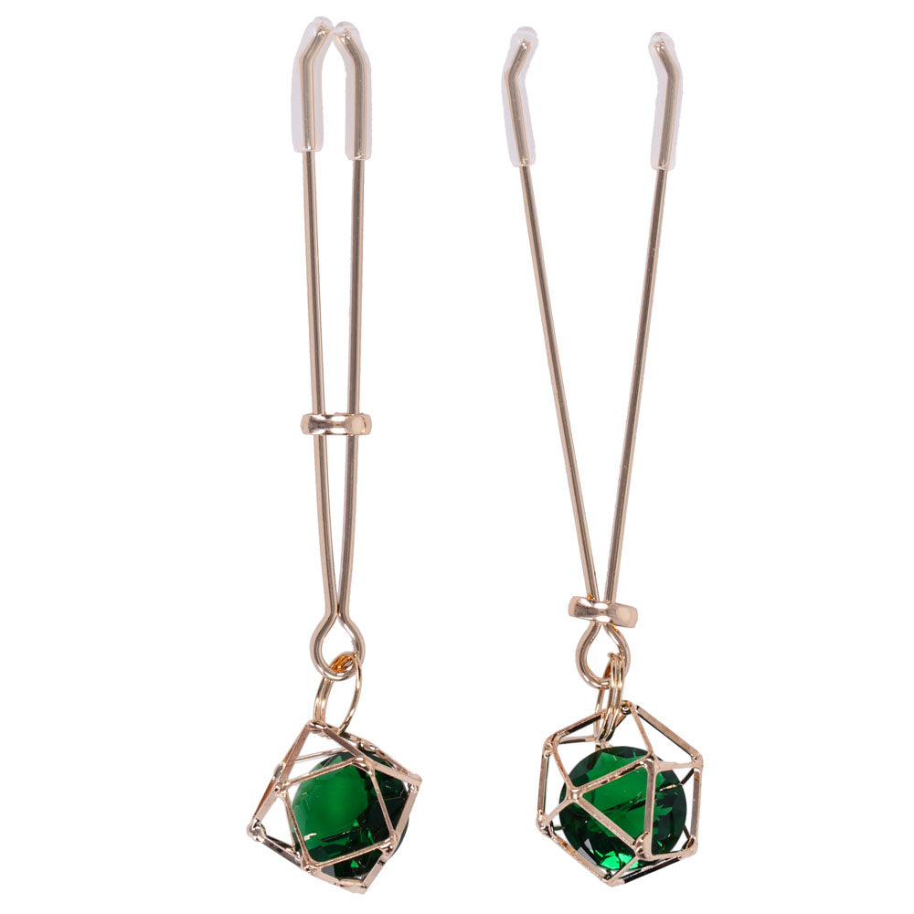 Sex & Mischief Indica Crystal Nipple Clips - Gold Nipple Clips with Emerald Gems