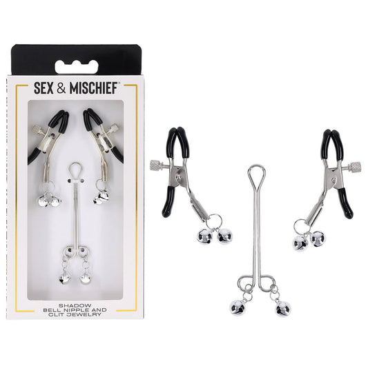 S&M Shadow Bell Nipple and Clit Jewelry - Metal Nipple Clamps and Clitoris Clamp Sportsheets