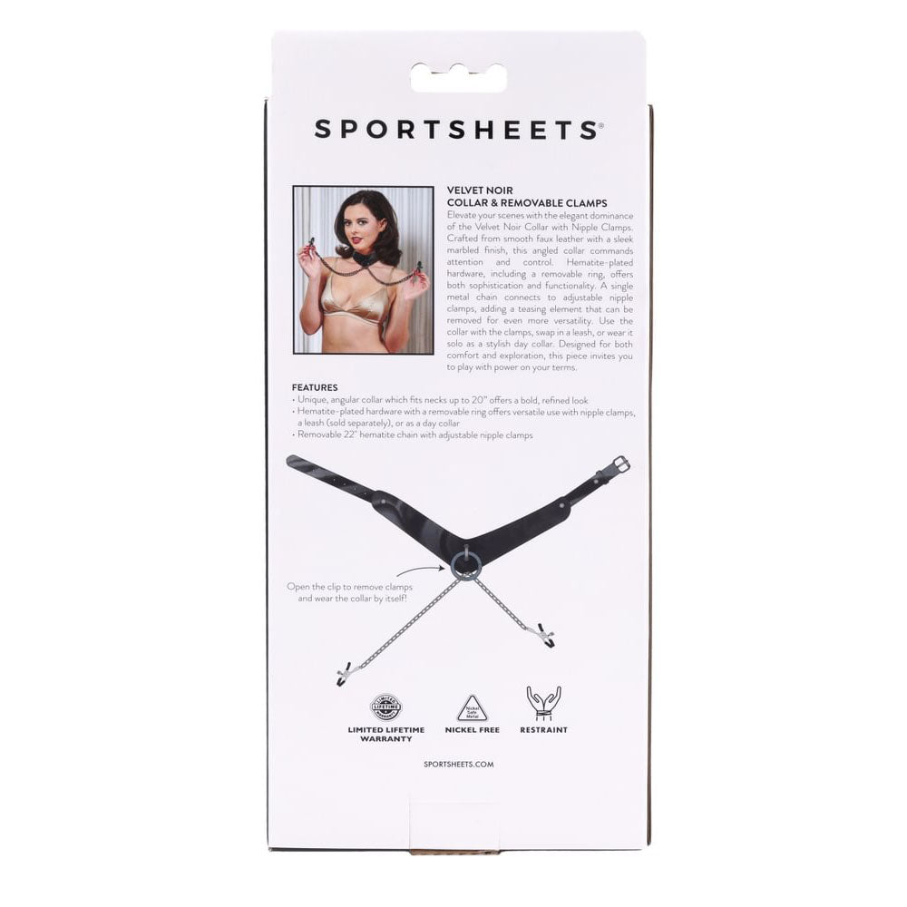 SPORTSHEETS Velvet Noir Collar & Removable Clamps - Black Neck & Nipple Restraints Sportsheets