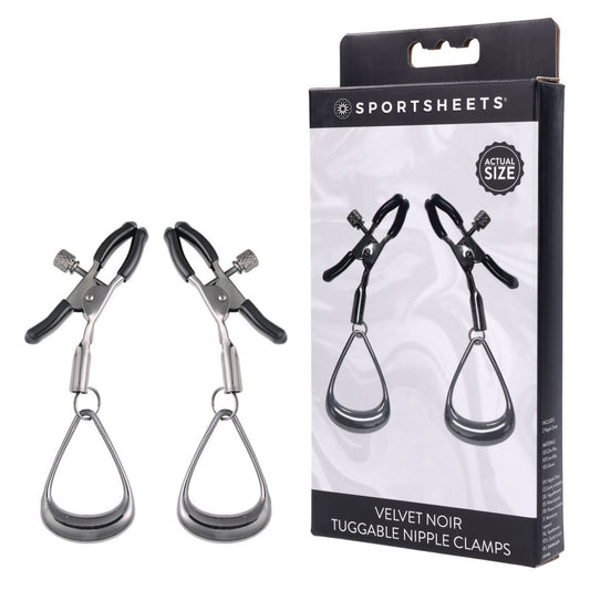 SPORTSHEETS Velvet Noir Tuggable Nipple Clamps - Gunmetal Adjustable Nipple Restraints Chrome - Club X