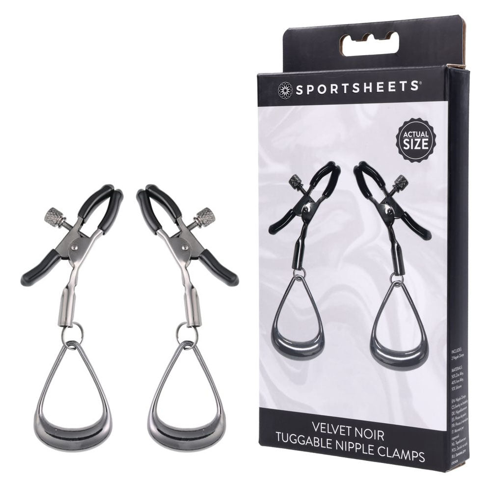 SPORTSHEETS Velvet Noir Tuggable Nipple Clamps - Gunmetal Adjustable Nipple Restraints Sportsheets