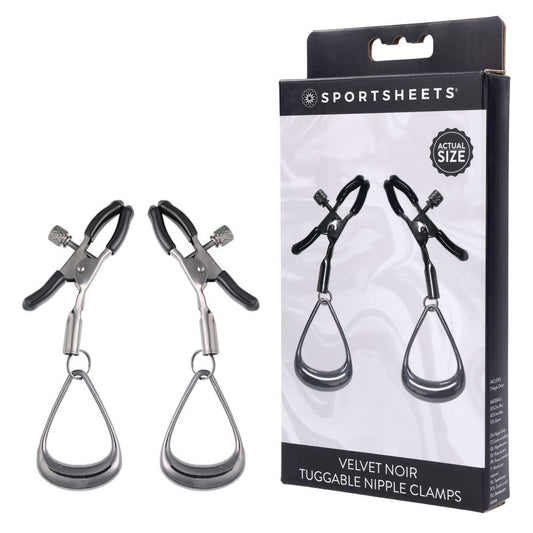 SPORTSHEETS Velvet Noir Tuggable Nipple Clamps - Gunmetal Adjustable Nipple Restraints Sportsheets