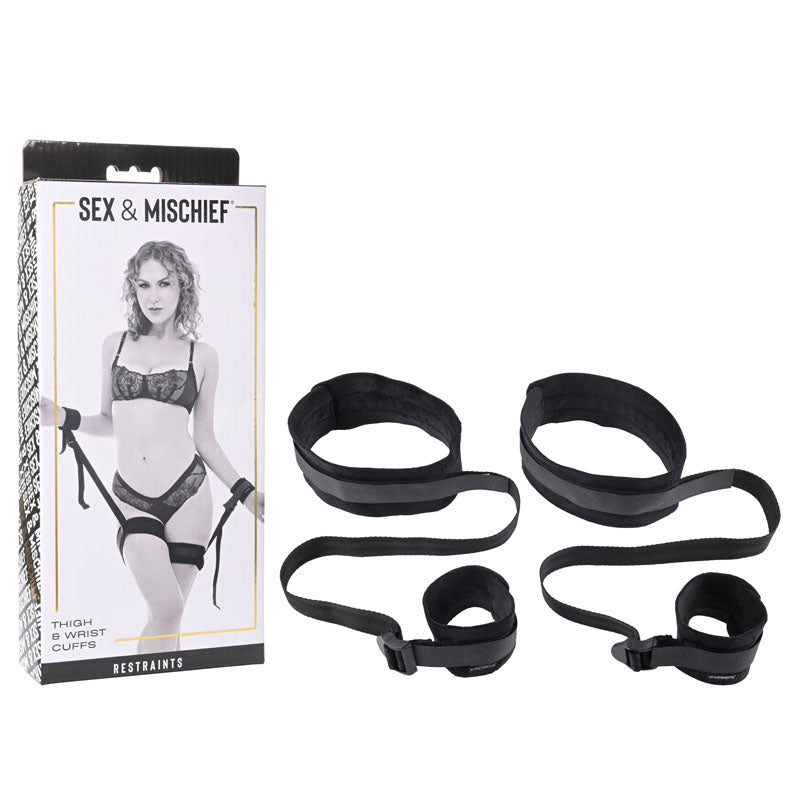 Sex & Mischief Thigh & Wrist Cuffs - Black Restraints Sportsheets
