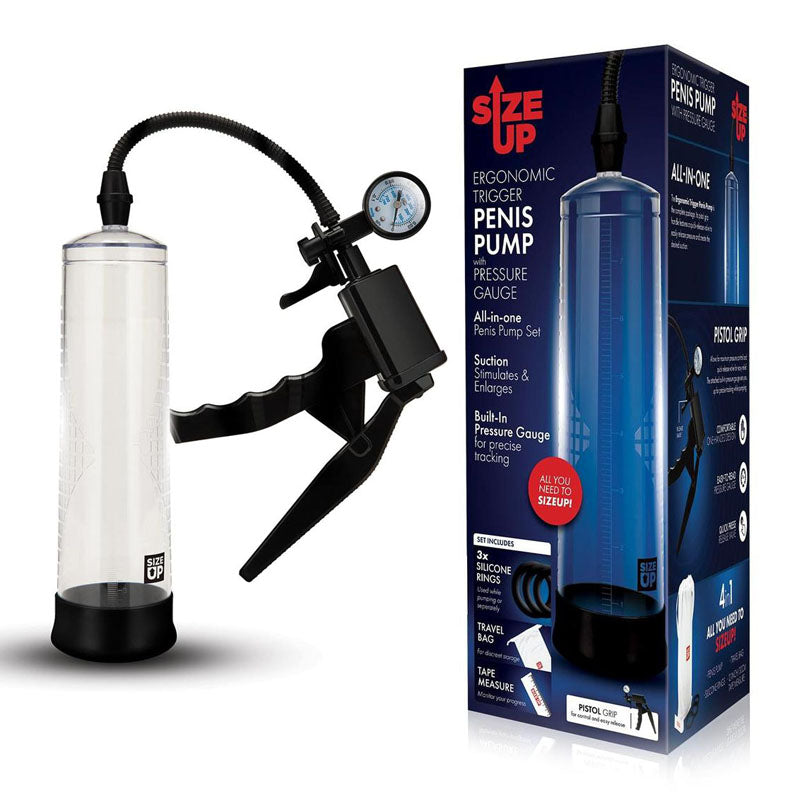 Size Up Ergonomic Trigger Penis Pump with Pressure Gauge - Clear Penis Pump Clear - Club X