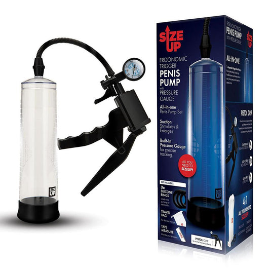 Size Up Ergonomic Trigger Penis Pump with Pressure Gauge - Clear Penis Pump Clear - Club X