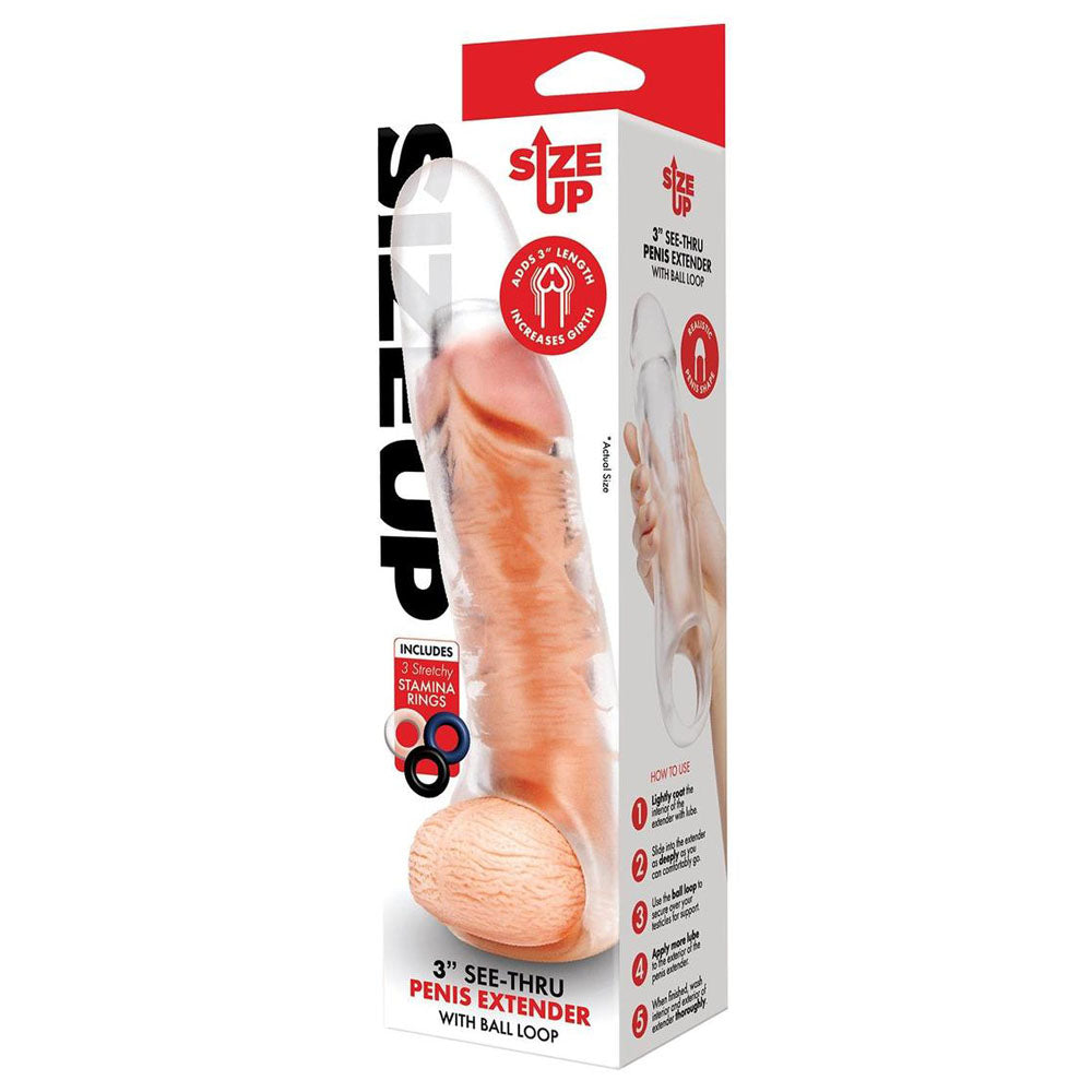 Size Up 3 Inch See-Thru Penis Extender with Ball Loop - Clear 7.6 cm (3'') Penis Extension Sleeve Xgen Products