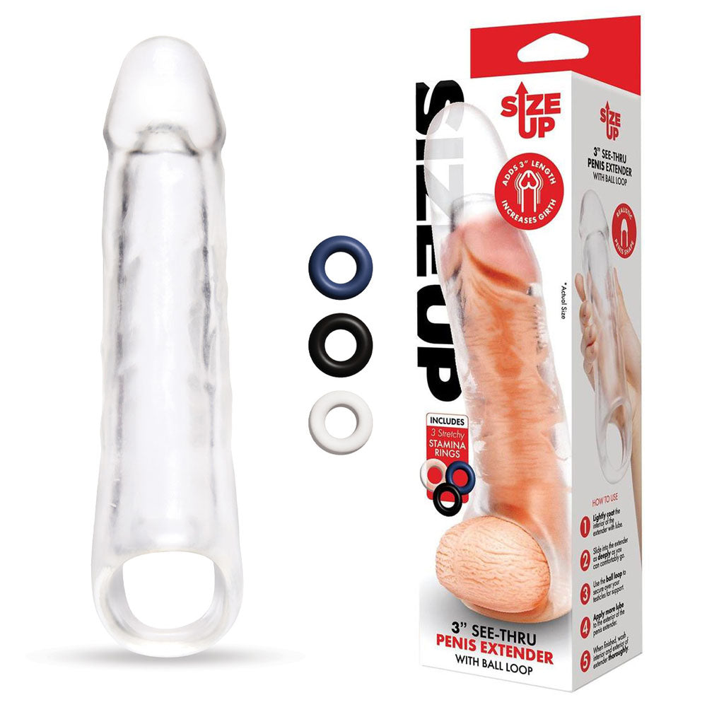 Size Up 3 Inch See-Thru Penis Extender with Ball Loop - Clear 7.6 cm (3'') Penis Extension Sleeve Xgen Products