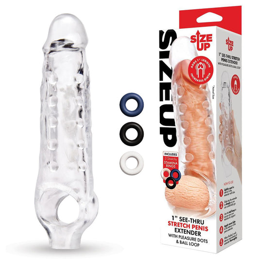 Size Up 1 Inch See-Thru Stretch Penis Extender - Clear 2.5 cm (1'') Penis Extension Sleeve Clear - Club X