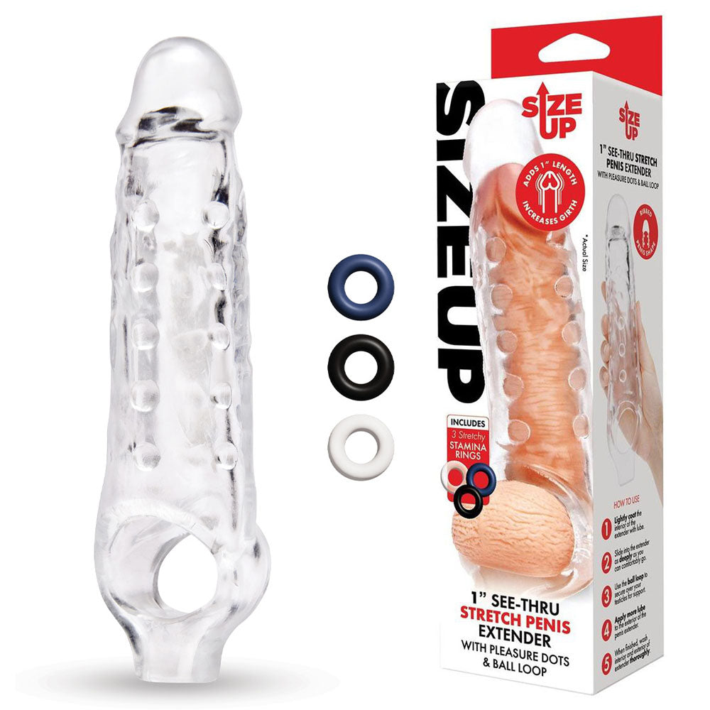 Size Up 1 Inch See-Thru Stretch Penis Extender - Clear 2.5 cm (1'') Penis Extension Sleeve Xgen Products