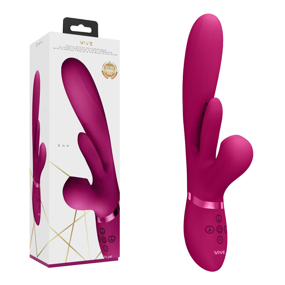 VIVE Ena - Pink - Pink 25 cm USB Rechargeable Thrusting Vibrator with Air Wave Stimulator Shots Toys