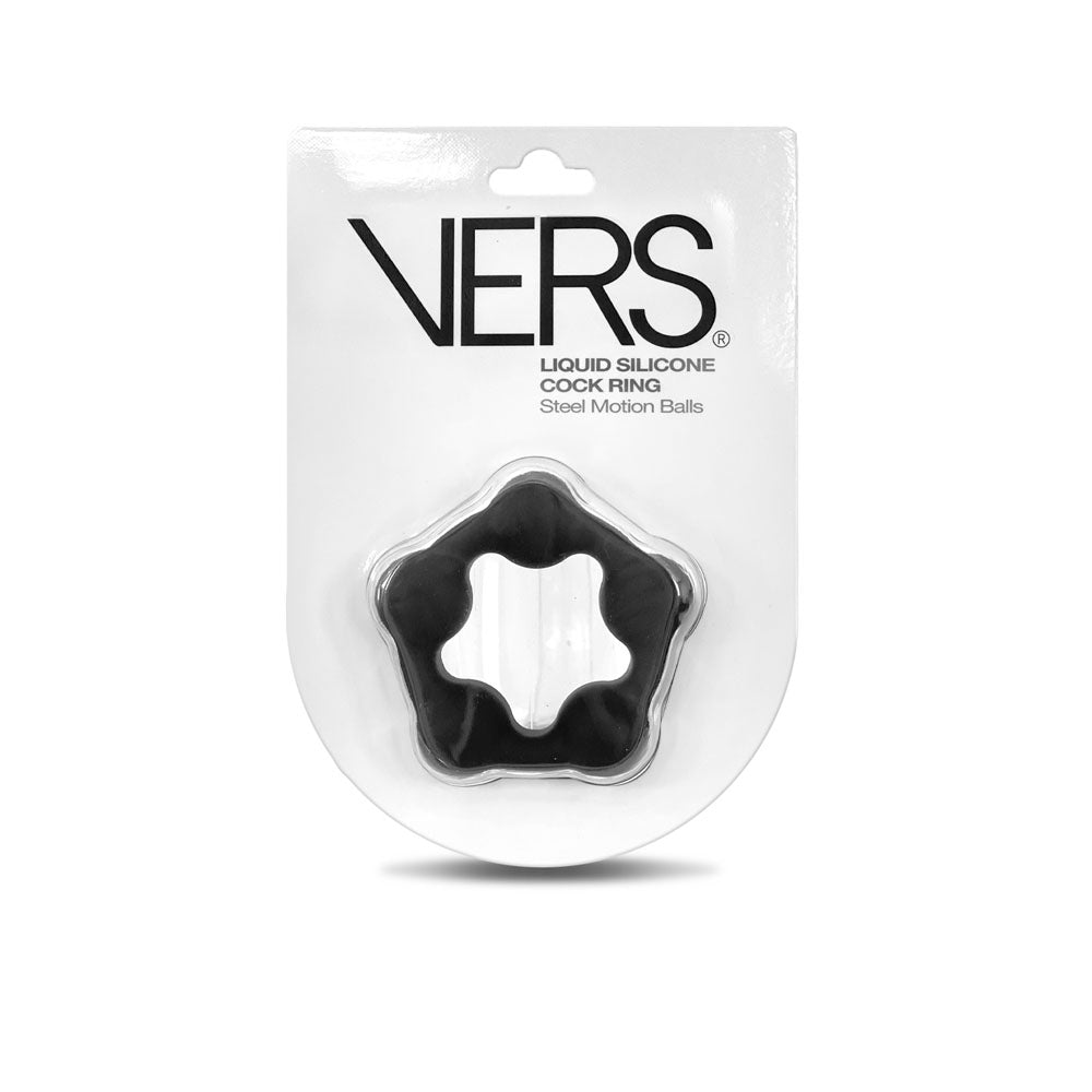 VERS Liquid Silicone Steel Motion C-Ring - Black Cock Ring with Steel Motion Balls C1 Releasing