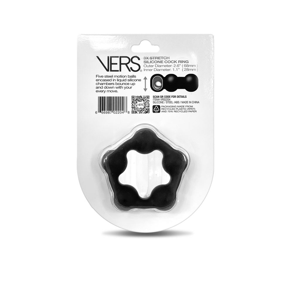 VERS Liquid Silicone Steel Motion C-Ring - Black Cock Ring with Steel Motion Balls C1 Releasing