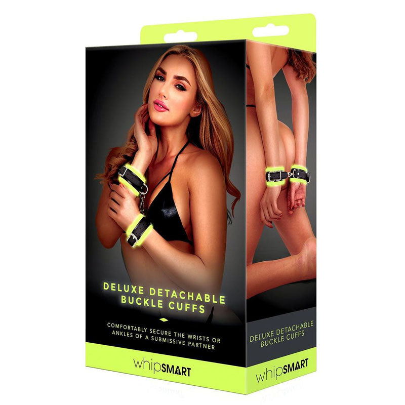 WhipSmart Glow Deluxe Detachable Buckle Cuffs - Glow in the Dark Restraints Green - Club X