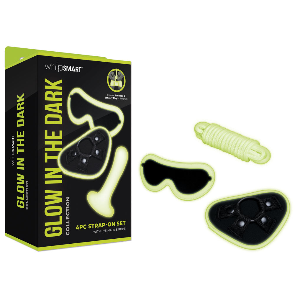 WhipSmart Glow In The Dark 4pc Strap-On Set - Glow in Dark 15.2 cm Strap-On with Eye Mask & Rope WhipSmart