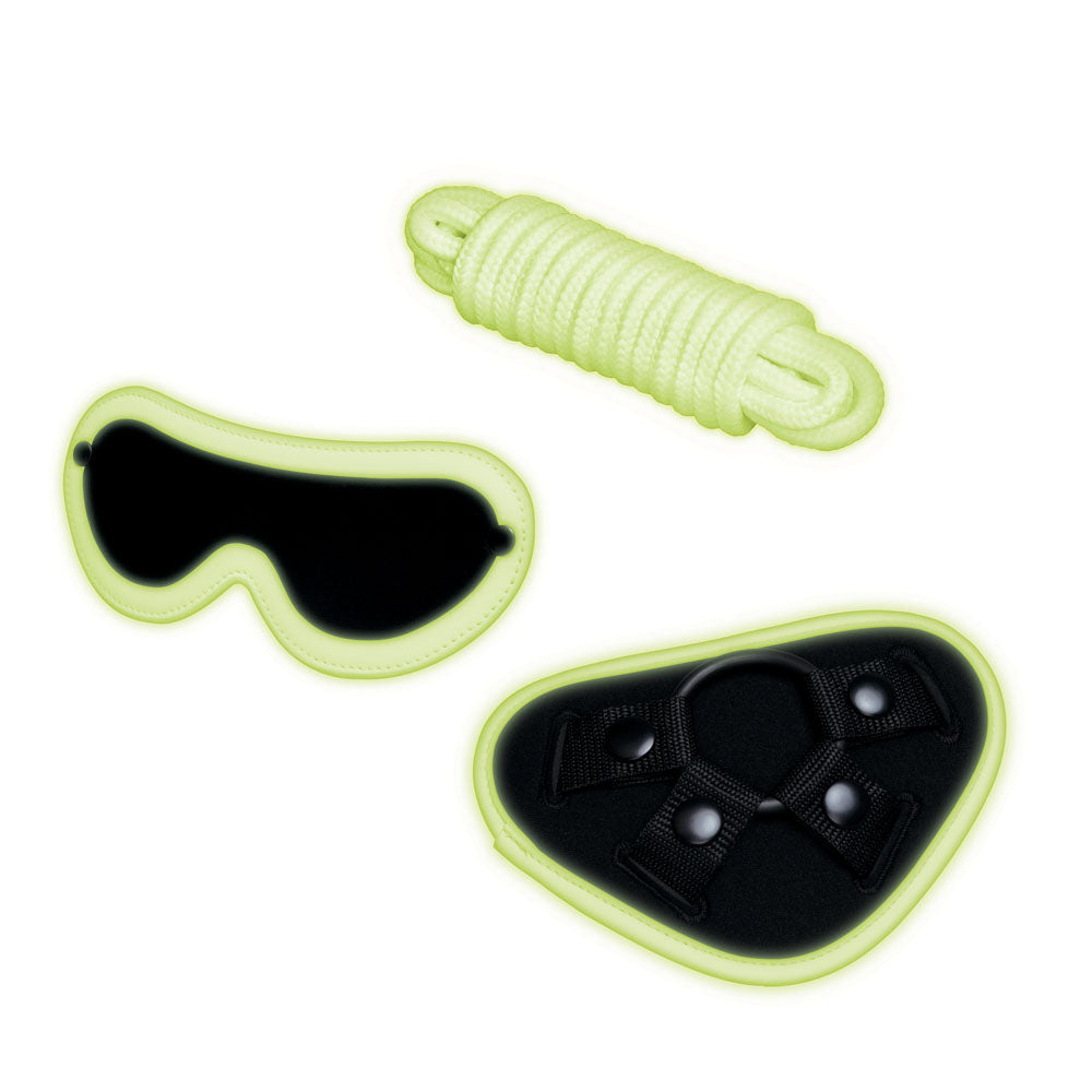 WhipSmart Glow In The Dark 4pc Strap-On Set - Glow in Dark 15.2 cm Strap-On with Eye Mask & Rope WhipSmart